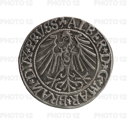 Obverse: Prussian eagle; on its chest the crowned letter S. In the rim, between the pearl-shaped borders, an inscription beginning with a trefoil (mirror-image letter N) ALBER*D*G*MAR*BRAN*DVX*PRVSS. Reverse: Male bust in armor in profile turned to the right; short hair, long beard with sideburns, dividing the inner border. In the rim, between the pearl-shaped borders, an inscription beginning with the Hohenzollern shield *IVSTVS*EX*FIDE*VIVIT*I544*. Albrecht Hohenzollern (Prince of Prussia; 1490–1568) — iconography. 1544. Ducal Prussia (1525–1701), Königsberg. Coin; diameter 23.5 mm, weight 1.92 g, axis 270°. Makers: Grosz, Schilling, Maciej. R3 (rarity).