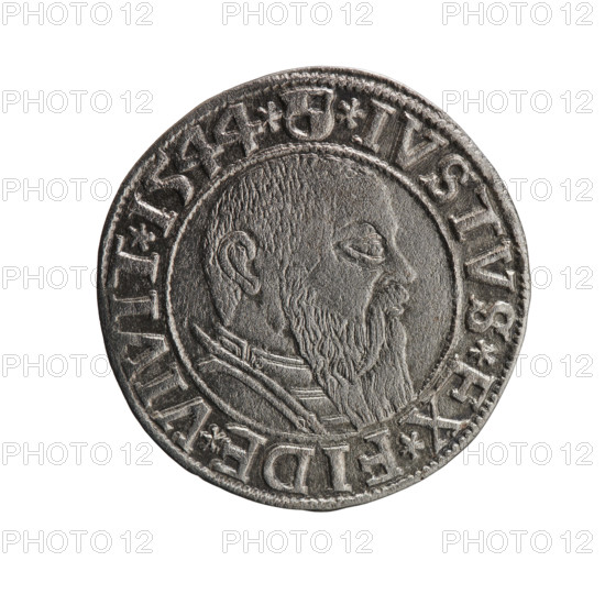 grosz, Schilling, Maciej, R3 (rarity), eagles, Hohenzollern (coat of arms), male busts in armor, Albrecht Hohenzollern (Prince of Prussia; 1490–1568) - iconography. Obv. Prussian eagle, on its chest the crowned letter S. In the rim, between the pearl-shaped borders, an inscription beginning with a trefoil (letter N in mirror image) ALBER*D*G*MAR*BRAN*DVX*PRVSS. Rev. Male bust in armor in profile turned to the right; short hair, long beard with sideburns, dividing the inner border. In the rim, between the pearl-shaped borders, an inscription beginning with the Hohenzollern shield *IVSTVS*EX*FIDE*VIVIT*I544*. 1544. Ducal Prussia (1525–1701), Königsberg. Coin: diameter 23.5 mm, weight 1.92 g, axis 270°.