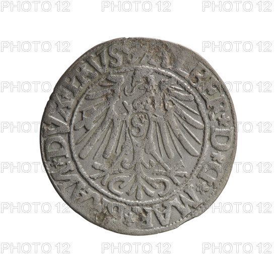 Albrecht Hohenzollern (Prince of Prussia; 1490–1568) — obverse: Prussian eagle with crowned letter S on its chest; on the rim between pearl borders an inscription beginning with a trefoil (mirror-image letter N) 'R*D*G*MAR*, AN*DVX*PRVSS'. Reverse: male bust in armour in profile to the right; short hair, long pointed beard with sideburns; inner border separated by beard; on the rim between pearl borders an inscription beginning with the Hohenzollern shield '*IVSTVS*EX, DE*VIVIT*I, *', dated 1544. Ducal Prussia (1525–1701), Königsberg. Coin: diameter 23.1 mm, weight 1.87 g, axis 0°. Rarity: R0. Makers: Grosz, Schilling, Maciej.