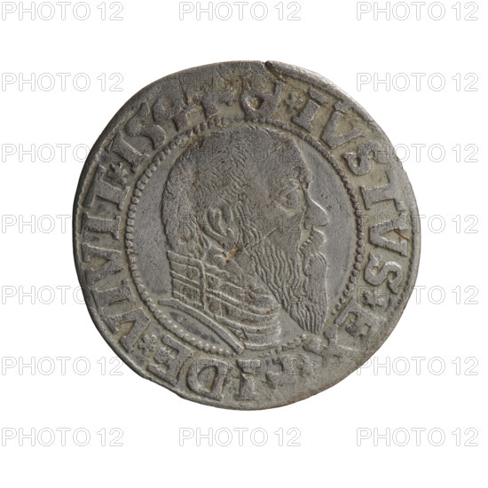 Albrecht Hohenzollern (Prince of Prussia; 1490–1568) — iconography: eagles, Hohenzollern coat of arms, male busts in armour. Obverse: Prussian eagle, on its chest the crowned letter S; on the rim between pearl borders an inscription beginning with a trefoil (mirror-image N): R*D*G*MAR*, AN*DVX*PRVSS. Reverse: male bust in armour in profile turned to the right; short hair, long pointed beard with sideburns, separating the inner border; on the rim between the pearl borders an inscription starting with the Hohenzollern shield: *IVSTVS*EX, DE*VIVIT*I, *, 1544. Ducal Prussia (1525–1701), Königsberg. Coin: diameter 23.1 mm, weight 1.87 g, axis 0°. Maker: Grosz, Schilling, Maciej. Rarity: R0.