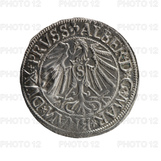groschen with countersignature (crown in shield), Schilling, Maciej, R3 (rarity), Albrecht Hohenzollern (Prince of Prussia; 1490-1568) - iconography, eagles, Hohenzollern (coat of arms), male busts in armour. Obv. Prussian eagle, on his chest the crowned letter S. In the rim, between the pearl borders, an inscription beginning with a trefoil (letter N in mirror image) ALBER*D*G*MAR*BRAN*DVX*PRVSS. Rev. Male bust in armour in profile turned to the right; short hair, long beard with sideburns, separating the inner border. In the rim, between the pearl borders, an inscription beginning with the Hohenzollern shield *IVSTVS*EX*FIDE*VIVIT*I544*. On the back, a countersignature (crown in the shield). 1544, Ducal Prussia (1525-1701), Königsberg. Coin: diameter 24.4 mm, weight 1.89 g, axis 225 degrees.