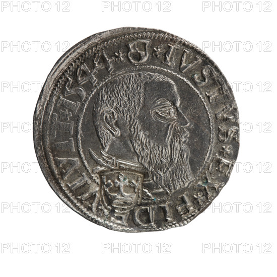 Groschen with countersignature (crown in shield), Schilling, Maciej, R3 (rarity), Albrecht Hohenzollern (Prince of Prussia; 1490–1568) — iconography: eagles, Hohenzollern coat of arms, male busts in armour. Obverse: Prussian eagle, on its chest the crowned letter S; in the rim between the pearl borders an inscription beginning with a trefoil (mirror-image N) ALBER*D*G*MAR*BRAN*DVX*PRVSS. Reverse: Male bust in armour in profile to the right; short hair, long beard with sideburns, separating the inner border; in the rim between the pearl borders an inscription beginning with the Hohenzollern shield *IVSTVS*EX*FIDE*VIVIT*I544*. On the back a countersignature (crown in the shield). 1544, Ducal Prussia (1525–1701), Königsberg. Coin: diameter 24.4 mm, weight 1.89 g, axis 225°.