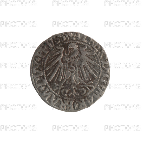 grosz, Schilling, Maciej, R0 (rarity). Albrecht Hohenzollern (Prince of Prussia; 1490–1568) — iconography: eagles, Hohenzollern coat of arms, trefoils; hoard from the village of Wsola (numism). Obverse: Prussian eagle, on its chest the crowned letter S; in the rim between pearl borders an inscription beginning with a trefoil (mirror-image N) ALBER*D*G*MAR*BRAN*DVX*PRVSS. Reverse: male bust in armour in profile to the right; short hair, long pointed beard with sideburns; inner border separated; in the rim between pearl borders an inscription starting with the Hohenzollern shield *IVSTVS*EX*FIDE*VIVIT*I544*. Date: 1544. Place: Ducal Prussia (1525–1701), Königsberg. Coin: diameter 22.2 mm, weight 1.76 g, axis 315°.