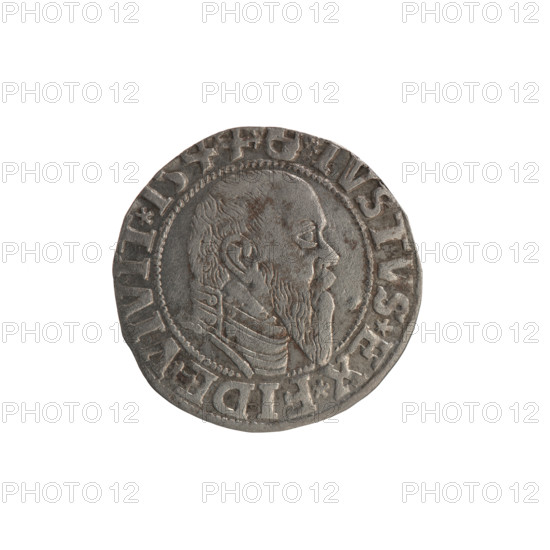 grosz, Schilling, Maciej, R0 (rarity). Albrecht Hohenzollern (Prince of Prussia; 1490–1568) — iconography: eagles, Hohenzollern coat of arms, trefoils; hoard from the village of Wsola (numism). Obverse: Prussian eagle, on its chest the crowned letter S; in the rim between the pearl borders an inscription beginning with a trefoil (mirror-image N) ALBER*D*G*MAR*BRAN*DVX*PRVSS. Reverse: male bust in armour in profile to the right; short hair, long pointed beard with sideburns, inner border separated; in the rim between the pearl borders an inscription starting with the Hohenzollern shield *IVSTVS*EX*FIDE*VIVIT*I544*. Dated 1544. Ducal Prussia (1525–1701), Königsberg. Coin: diameter 22.2 mm, weight 1.76 g, axis 315°.