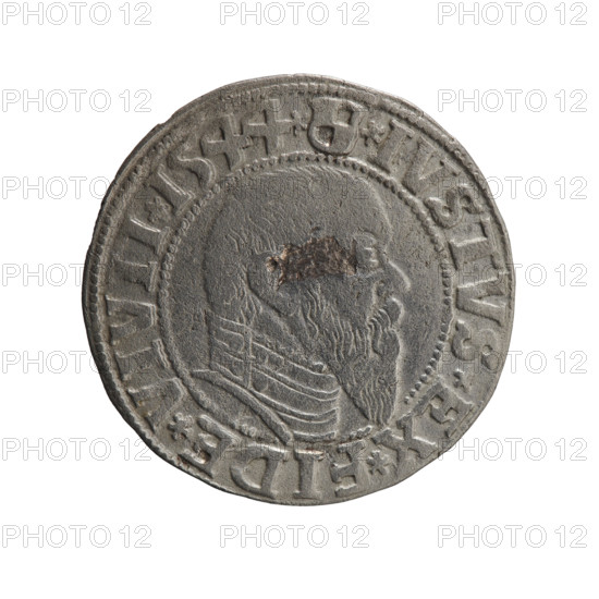 Albrecht Hohenzollern (Prince of Prussia; 1490–1568) — iconography: male busts in armor; Hohenzollern coat of arms. Obverse: Prussian eagle, on its chest the crowned letter S; in the rim, between pearl-shaped borders, an inscription beginning with a trefoil (mirror-image N) 'ALBER*D*G*MAR*BRAN*DVX*PRVSS'. Reverse: male bust in armor in profile turned to the right; short hair, long pointed beard with sideburns, dividing the inner border; in the rim, between pearl-shaped borders, an inscription beginning with the Hohenzollern shield '*IVSTVS*EX*FIDE*VIVIT*I544*'. Date: 1544. Place/style: Ducal Prussia (1525–1701), Königsberg. Object: coin; diameter 23.3 mm; weight 1.81 g; axis 270°.