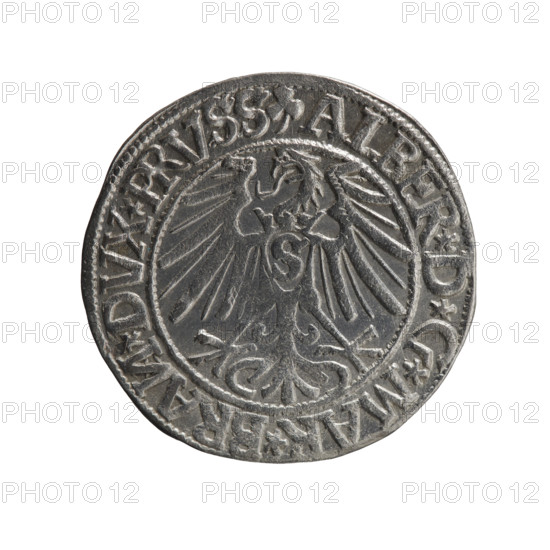 Obverse: Prussian eagle, on its chest the crowned letter S. In the rim, between the pearl-shaped borders, an inscription beginning with a trefoil (mirror-image N) ALBER*D*G*MAR*BRAN*DVX*PRVSS. Reverse: Male bust in armor in profile turned to the right; short hair, long pointed beard with sideburns, dividing the inner border. In the rim, between the pearl-shaped borders, an inscription beginning with the Hohenzollern shield *IVSTVS*EX*FIDE*VIVIT*I544*. Maker: Schilling, Maciej; subject: Albrecht Hohenzollern (Prince of Prussia; 1490–1568) — iconography. Date: 1544. Place/function: Ducal Prussia (1525–1701), Königsberg; coin. Diameter 23.4 mm, weight 1.96 g, axis 45°. Rarity: R0. Coat of arms: Hohenzollern; motifs: eagles, male busts in armor.