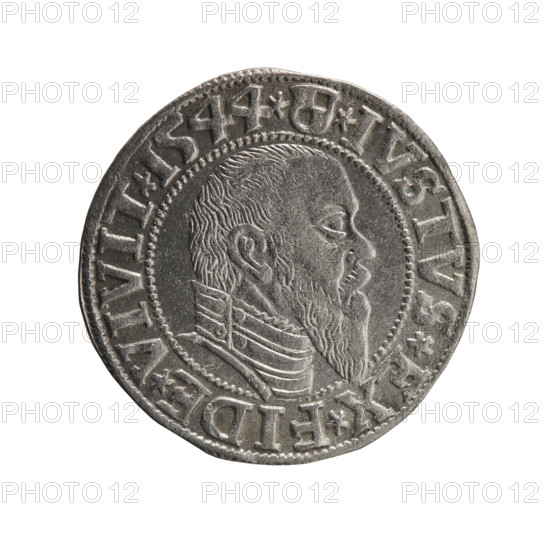 Obverse: Prussian eagle with crowned letter S on its chest; rim inscription beginning with a trefoil (mirror-image N) ALBER*D*G*MAR*BRAN*DVX*PRVSS. Reverse: male bust in armor in profile to the right; short hair, long pointed beard with sideburns; inner border divided by Hohenzollern shield; rim inscription beginning with the Hohenzollern shield *IVSTVS*EX*FIDE*VIVIT*I544*. Maker: Schilling, Maciej. Subject: Albrecht Hohenzollern (Prince of Prussia; 1490–1568) — iconography. Date: 1544. Place: Ducal Prussia, Königsberg. Type: coin. Materials/style/measurements: diameter 23.4 mm, weight 1.96 g, axis 45°. Rarity: R0. Coats of arms: Hohenzollern; motifs: eagles, male busts in armor.