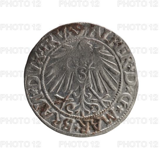 Albrecht Hohenzollern (Prince of Prussia; 1490–1568) — iconography: Hohenzollern coat of arms; male busts in armor. Obverse: Prussian eagle, on his chest the crowned letter S; in the rim between pearl-shaped borders an inscription beginning with a trefoil (mirror N) ALBER*D*G*MAR*BRAN*DVX*PRVSS. Reverse: male bust in armor in profile to the right; short hair, long pointed beard with sideburns, dividing the inner border; in the rim between pearl-shaped borders an inscription beginning with the Hohenzollern shield *IVSTVS*EX*FIDE*VIVIT*I544*. Dated 1544. Ducal Prussia (1525–1701), Königsberg. Coin: diameter 23.1 mm, weight 2.02 g, axis 45°. Rarity: R0. Makers: Grosz, Schilling, Maciej.