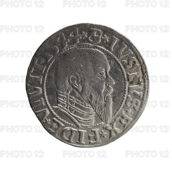Albrecht Hohenzollern (Prince of Prussia; 1490–1568) — iconography: Hohenzollern coat of arms; obverse: Prussian eagle, on its chest the crowned letter S; inner rim between pearl-shaped borders with inscription beginning with a trefoil (mirror-image N) 'ALBER*D*G*MAR*BRAN*DVX*PRVSS'. Reverse: male bust in armor in profile turned right; short hair, long pointed beard with sideburns, inner border divided; rim between pearl-shaped borders with inscription beginning with the Hohenzollern shield '*IVSTVS*EX*FIDE*VIVIT*I544*'. 1544. Ducal Prussia (1525–1701), Königsberg. Coin: diameter 23.1 mm, weight 2.02 g, axis 45°. Makers: Grosz, Schilling, Maciej. R0 (rarity). Eagles.