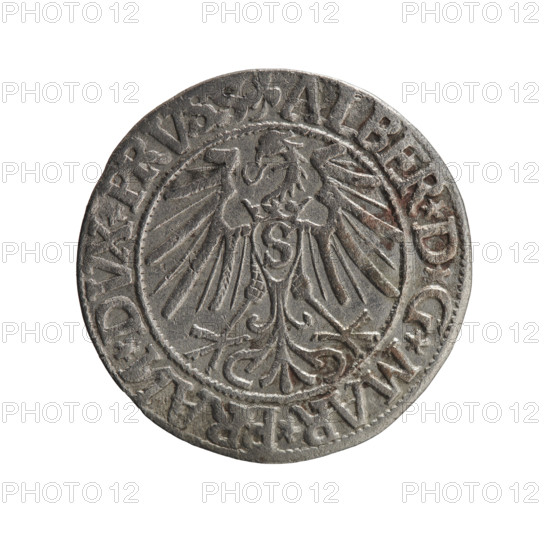 grosz, Schilling, Maciej, R0 (rarity), Albrecht Hohenzollern (Prince of Prussia; 1490–1568) - iconography, eagles, Hohenzollern (coat of arms), male busts in armor, Obv. Prussian eagle, on its chest the crowned letter S. In the rim, between the pearl-shaped borders, an inscription beginning with a trefoil (letter N in a mirror image) ALBER*D*G*MAR*BRAN*DVX*PRVSS Rev. Male bust in armor in profile turned to the right; short hair, long, pointed beard with sideburns, dividing the inner border. In the rim, between the pearl-shaped borders, an inscription beginning with the Hohenzollern shield *IVSTVS*EX*FIDE*VIVIT*I544*, 1544, Ducal Prussia (1525–1701), Königsberg, coin, diameter 23.0 mm, weight 1.95 g, axis 135 degrees