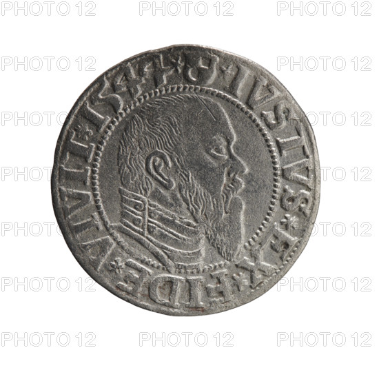 grosz, Schilling, Maciej, R0 (rarity), Albrecht Hohenzollern (Prince of Prussia; 1490–1568) — iconography: eagles, Hohenzollern (coat of arms), male busts in armor. Obv.: Prussian eagle, on its chest the crowned letter S; in rim between pearl-shaped borders, inscription beginning with a trefoil (mirror-image N) ALBER*D*G*MAR*BRAN*DVX*PRVSS. Rev.: male bust in armor in profile to the right; short hair, long pointed beard with sideburns, dividing the inner border; in rim between pearl-shaped borders, inscription beginning with the Hohenzollern shield *IVSTVS*EX*FIDE*VIVIT*I544*. 1544, Ducal Prussia (1525–1701), Königsberg. Coin: diameter 23.0 mm, weight 1.95 g, axis 135°.