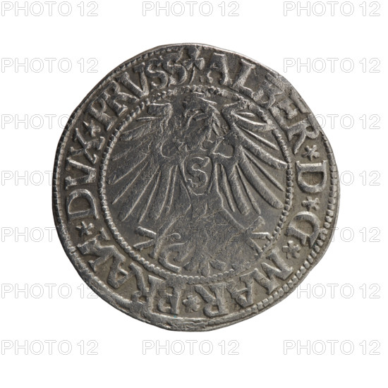 grosz, Schilling, Maciej, R0 (rarity), Albrecht Hohenzollern (Prince of Prussia; 1490–1568) — iconography: eagles, Hohenzollern (coat of arms), male busts in armor. Obv.: Prussian eagle, on its chest the crowned letter S; rim between pearl-shaped borders with trefoil (mirror-image N) and inscription beginning ALBER*D*G*MAR*BRAN*DVX*PRVSS. Rev.: Male bust in armor in profile to right; short hair, long pointed beard with sideburns, inner border divided; rim between pearl-shaped borders beginning with Hohenzollern shield and inscription *IVSTVS*EX*FIDE*VIVIT*I544*. 1544, Ducal Prussia (1525–1701), Königsberg; coin, diameter 23.8 mm, weight 1.95 g, axis 90°.