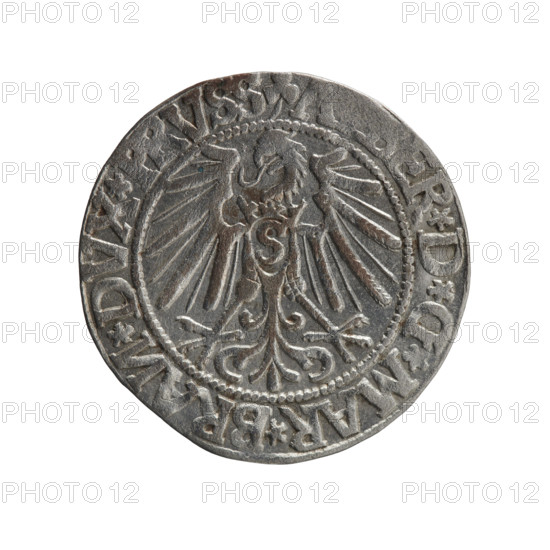 grosz, Schilling, Maciej, R0 (rarity), Albrecht Hohenzollern (Prince of Prussia; 1490–1568) — iconography: eagles, Hohenzollern (coat of arms), male busts in armour. Obv.: Prussian eagle, on its chest the crowned letter S; in the rim, between the pearl borders, an inscription beginning with a trefoil (letter N in mirror image) A, BER*D*G*MAR*BRAN*DVX*PRVSS. Rev.: male bust in armour in profile to the right; short hair, long pointed beard with sideburns, separating the inner border; in the rim, between the pearl borders, an inscription beginning with the Hohenzollern shield *IVSTVS*EX, IDE*VIVIT*I544*. Date: 1544. Place: Ducal Prussia (1525–1701), Königsberg. Object: coin (grosz), diameter 23.0 mm, weight 2.00 g, axis 180°.