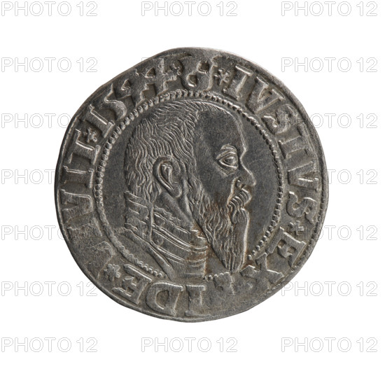 Albrecht Hohenzollern (Prince of Prussia; 1490–1568) — obverse: Prussian eagle with crowned letter S on its chest; in the rim between pearl borders an inscription beginning with a trefoil (mirror-image N) A, BER*D*G*MAR*BRAN*DVX*PRVSS. Reverse: male bust in armour in profile turned right; short hair, long pointed beard with sideburns, inner border separated by the bust; in the rim between pearl borders an inscription beginning with the Hohenzollern shield *IVSTVS*EX, IDE*VIVIT*I544*; date 1544. Ducal Prussia (1525–1701), Königsberg. Coin: diameter 23.0 mm, weight 2.00 g, axis 180°. R0 (rarity). Makers: Grosz, Schilling, Maciej.