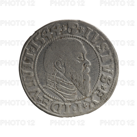 grosz, Schilling, Maciej, R0 (rarity), Albrecht Hohenzollern (Prince of Prussia; 1490–1568) - iconography, eagles, male busts in armor, Hohenzollern (coat of arms). Obv.: Prussian eagle, on its chest the crowned letter S; in the rim, between pearl-shaped borders, an inscription beginning with a trefoil (mirror-image N) ALBER*D*G*MAR*BRAN*DVX*PRVSS. Rev.: Male bust in armor in profile to the right; short hair, long pointed beard with sideburns, dividing the inner border; in the rim, between pearl-shaped borders, an inscription beginning with the Hohenzollern shield *IVSTVS*EX*FIDE*VIVIT*I544*. 1544. Ducal Prussia (1525–1701), Königsberg. Coin: diameter 23.6 mm, weight 1.90 g, axis 315°.