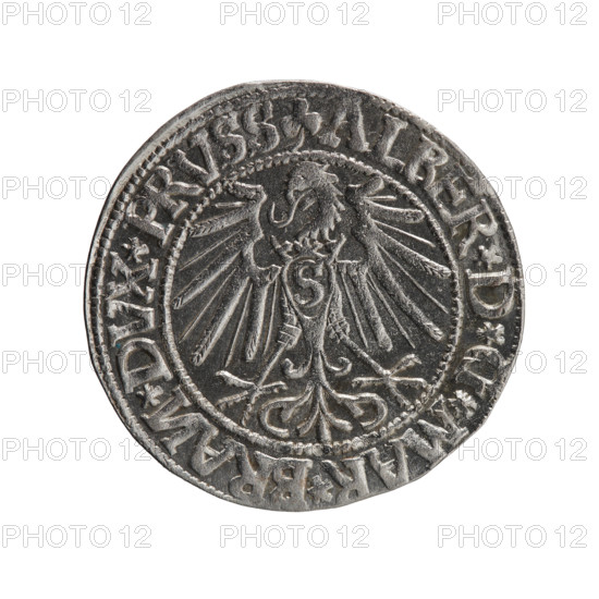 grosz, Schilling, Maciej, R0 (rarity), Albrecht Hohenzollern (Prince of Prussia; 1490–1568) - iconography, eagles, Hohenzollern (coat of arms), male busts in armor. Obv.: Prussian eagle, on its chest the crowned letter S. In the rim, between the pearl-shaped borders, an inscription beginning with a trefoil (mirror-image N) ALBER*D*G*MAR*BRAN*DVX*PRVSS. Rev.: Male bust in armor in profile turned to the right; short hair, long pointed beard with sideburns, dividing the inner border. In the rim, between the pearl-shaped borders, an inscription beginning with the Hohenzollern shield *IVSTVS*EX*FIDE*VIVIT*I544*. 1544, Ducal Prussia (1525–1701), Königsberg; coin: diameter 23.6 mm, weight 2.04 g, axis 135°.