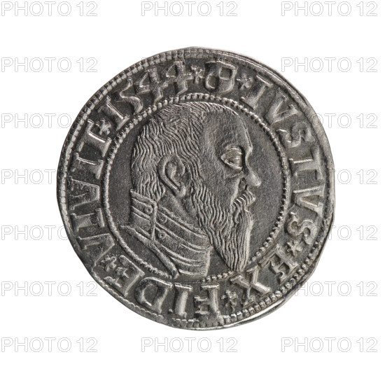 grosz, Schilling, Maciej, R0 (rarity), Albrecht Hohenzollern (Prince of Prussia; 1490–1568) - iconography, eagles, Hohenzollern (coat of arms), male busts in armor, Obv. Prussian eagle, on its chest the crowned letter S. In the rim, between the pearl-shaped borders, an inscription beginning with a trefoil (letter N in a mirror image) ALBER*D*G*MAR*BRAN*DVX*PRVSS Rev. Male bust in armor in profile turned to the right; short hair, long, pointed beard with sideburns, dividing the inner border. In the rim, between the pearl-shaped borders, an inscription beginning with the Hohenzollern shield *IVSTVS*EX*FIDE*VIVIT*I544*, 1544, Ducal Prussia (1525–1701), Königsberg, coin, diameter 23.6 mm, weight 2.04 g, axis 135 degrees