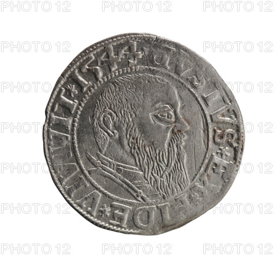 Albrecht Hohenzollern (Prince of Prussia; 1490–1568) — iconography: eagles, Hohenzollern coat of arms, male busts in armor. Obverse: Prussian eagle, on its chest the crowned letter S; on the rim, between pearl-shaped borders, inscription beginning with a trefoil (mirror-image N) 'ALBER*D*G, RAN*DVVX*PRVSS'. Reverse: male bust in armor in profile turned to the right; short hair, long beard with sideburns, dividing the inner border. On the rim, between the pearl-shaped borders, inscription 'TVS*EX*, IDE*VIVIVIT*I544'. Date: 1544. Place: Ducal Prussia (1525–1701), Königsberg. Coin: diameter 23.5 mm, weight 1.97 g, axis 200°. Rarity: R3. Makers: Grosz, Schilling, Maciej.