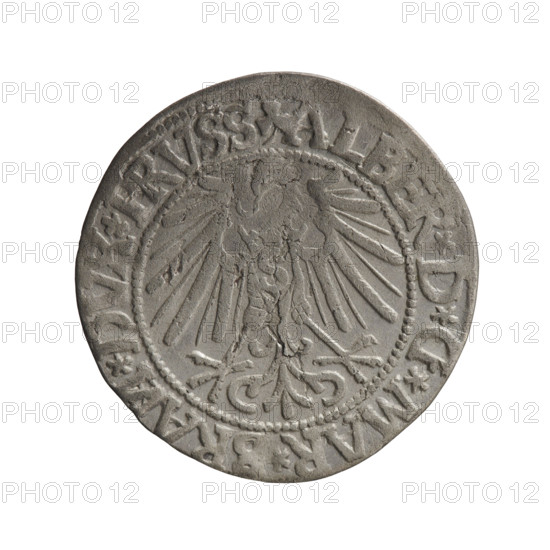 grosz, Schilling, Maciej, publisher, Decjusz, Jost Ludwik (fl. 1528-1535), R0 (rarity), Albrecht Hohenzollern (Prince of Prussia; 1490-1568) - iconography, eagles, Hohenzollern (coat of arms), male busts in armor, Obv. Prussian eagle, on its chest a crowned letter S. On the rim between the pearl borders an inscription beginning with a trefoil (letter N in mirror image) ALBER*D*G*MAR*BRAN*DVX*PRVSS. Rw. Male bust in armour in profile turned right; short hair, long, pointed beard with sideburns, dividing the inner rim. In the rim, between the beaded borders, an inscription beginning with the Hohenzollern shield *IVSTVS*EX*FIDE*VIVIT*I544*. 1544, Ducal Prussia (1525-1701), Königsberg, coin: diameter 23.9 mm, weight 1.88 g, axis 200 degrees