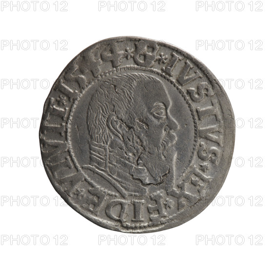 grosz; Schilling, Maciej, publisher; Decjusz, Jost Ludwik (fl. 1528–1535); R0 (rarity). Albrecht Hohenzollern (Prince of Prussia; 1490–1568) — iconography: eagles, Hohenzollern (coat of arms), male busts in armor. Obv.: Prussian eagle; on its chest a crowned letter S. On the rim between the pearl borders an inscription beginning with a trefoil (letter N in mirror image) ALBER*D*G*MAR*BRAN*DVX*PRVSS. Rev.: Male bust in armour in profile turned right; short hair, long pointed beard with sideburns, dividing the inner rim. In the rim, between the beaded borders, an inscription beginning with the Hohenzollern shield *IVSTVS*EX*FIDE*VIVIT*I544*. Date: 1544. Duchy: Ducal Prussia (1525–1701), Königsberg. Coin: diameter 23.9 mm, weight 1.88 g, axis 200°.