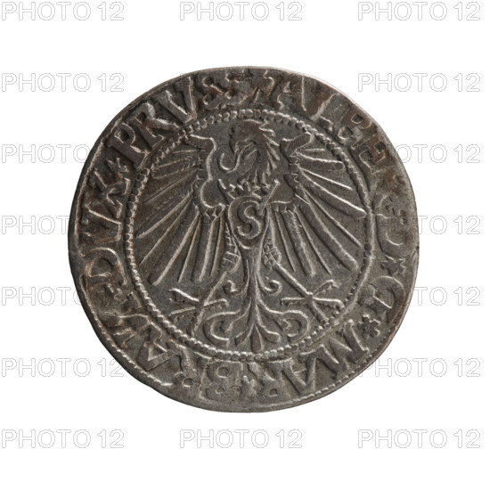 grosz; publisher: Schilling, Maciej; engraver: Decjusz, Jost Ludwik (fl. 1528–1535); rarity R0. Subject: Albrecht Hohenzollern (Prince of Prussia; 1490–1568). Iconography: eagles; Hohenzollern coat of arms; male busts in armor. Obverse: Prussian eagle, on its chest a crowned letter S; rim between pearl borders an inscription beginning with a trefoil (mirror-image N) ALBER*D*G*MAR*BRAN*DVX*PRVSS. Reverse: male bust in armour in profile turned right; short hair, long pointed beard with sideburns; inner rim divided by Hohenzollern shield and inscription beginning with *IVSTVS*EX*FIDE*VIVIT*I544* (1544). Date: 1544. Place: Ducal Prussia (1525–1701), Königsberg. Object: coin (grosz); diameter 23.3 mm; weight 1.83 g; axis 135°.