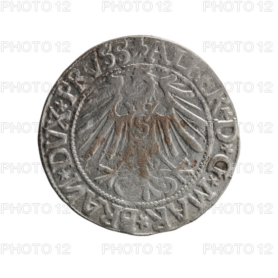 Artist: Decius Grosz; Maker: Jost Ludwik (fl. 1528–1535); Publisher: Maciej Schilling. Rarity: R0. Subject: Albrecht Hohenzollern (Prince of Prussia; 1490–1568). Type: coin (Ducal Prussia, 1525–1701), Königsberg, 1544. Materials/style: struck metal coin; diameter 23.2 mm; weight 1.93 g; axis 45°. Obverse: Prussian eagle; on its chest a crowned letter S. Rim inscription beginning with a trefoil (mirror-image N): ALBER*D*G*MAR*BRAN*DVX*P. Reverse: Male bust in armor in profile turned right; short hair, long beard with sideburns. Rim inscription beginning with Hohenzollern shield: *IVSTVS*EX*FIDE*VIVIT*I544*. Iconography: eagles, Hohenzollern coat of arms, male busts in armor.