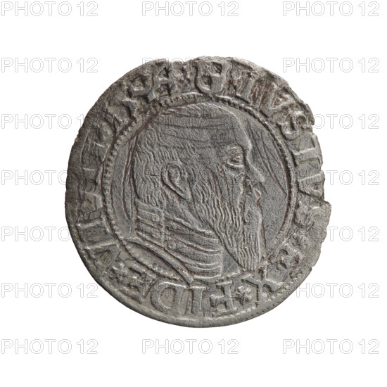 grosz; Schilling, Maciej, publisher; Decjusz, Jost Ludwik (fl. 1528–1535); R0 (rarity); eagles; Albrecht Hohenzollern (Prince of Prussia; 1490–1568) — iconography; Hohenzollern (coat of arms); male busts in armor. Obv.: Prussian eagle, on its chest a crowned letter S. On the rim between the pearl borders an inscription beginning with a trefoil (letter N in mirror image) ALBER*D*G*MAR*BRAN*DVX*PRVSS. Rev.: Male bust in armour in profile turned right; short hair, long pointed beard with sideburns, dividing the inner rim. In the rim, between the beaded rims, an inscription beginning with the Hohenzollern shield *IVSTVS*EX*FIDE*VIVIT*I544*. 1544. Ducal Prussia (1525–1701), Königsberg. Coin: diameter 23.0 mm, weight 1.68 g, axis 200°.
