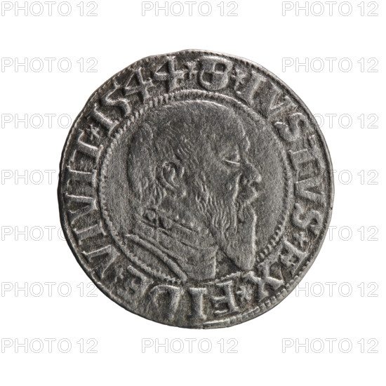 grosz; Schilling, Maciej, publisher; Decjusz, Jost Ludwik (fl. 1528–1535); R0 (rarity). Obverse: Prussian eagle, on its chest a crowned letter S. On the rim between the pearl borders an inscription beginning with a trefoil (letter N in mirror image) ALBER*D*G*MAR*BRAN*DVX*PRVSS. Reverse: Male bust in armour in profile turned right; short hair, long pointed beard with sideburns; in the rim, between the beaded rims, an inscription beginning with the Hohenzollern shield *IVSTVS*EX*FIDE*VIVIT*I544* (1544). Iconography: Albrecht Hohenzollern (Prince of Prussia; 1490–1568) — Hohenzollern coat of arms, eagles, male busts in armor. Date: 1544. Place: Ducal Prussia (1525–1701), Königsberg. Coin: grosz/Schilling; diameter 23.4 mm; weight 1.74 g; axis 270°.