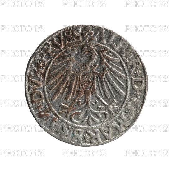 grosz, Schilling, Maciej, publisher, Decjusz, Jost Ludwik (fl. 1528-1535), R0 (rarity), Albrecht Hohenzollern (Prince of Prussia; 1490-1568) - iconography, eagles, Hohenzollern (coat of arms), male busts in armor. Obv. Prussian eagle, on its chest a crowned letter S. On the rim between the pearl borders an inscription beginning with a trefoil (letter N in mirror image) ALBER*D*G*MAR*BRAN*DVX*PRVSS. Rv. Male bust in armour in profile turned right; short hair, long, pointed beard with sideburns, dividing the inner rim. In the rim, between the beaded rims, an inscription beginning with the Hohenzollern shield *IVSTVS*EX*FIDE*VIVIT*I544*. 1544, Ducal Prussia (1525-1701), Königsberg. Coin: diameter 23.1 mm, weight 1.99 g, axis 270 degrees.
