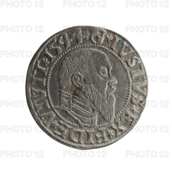 grosz; Schilling, Maciej, publisher; Decjusz, Jost Ludwik (fl. 1528–1535); R0 (rarity); Albrecht Hohenzollern (Prince of Prussia; 1490–1568) — iconography: eagles, Hohenzollern (coat of arms), male busts in armor. Obv.: Prussian eagle, on its chest a crowned letter S; on the rim between the pearl borders an inscription beginning with a trefoil (letter N in mirror image) ALBER*D*G*MAR*BRAN*DVX*PRVSS. Rev.: male bust in armour in profile turned right; short hair, long pointed beard with sideburns; dividing the inner rim. In the rim, between the beaded rims, an inscription beginning with the Hohenzollern shield *IVSTVS*EX*FIDE*VIVIT*I544*. Date: 1544. Place: Ducal Prussia (1525–1701), Königsberg. Object: coin; diameter 23.1 mm; weight 1.99 g; axis 270°.