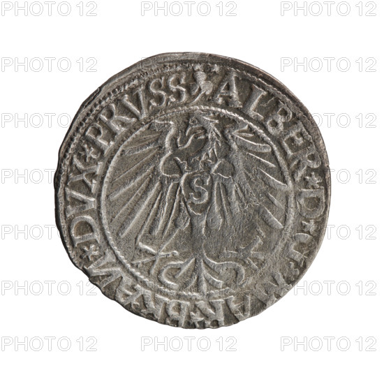 grosz; Schilling, Maciej, publisher; Decjusz, Jost Ludwik (fl. 1528–1535); R0 (rarity). Obverse: Prussian eagle, on its chest a crowned letter S; on the rim between pearl borders an inscription beginning with a trefoil (mirror-image N) ALBER*D*G, MAR*BRAN*DVX*PRVSS. Reverse: male bust in armour in profile turned right; short hair, long beard with sideburns; in the rim between pearly borders an inscription beginning with the Hohenzollern shield *IVSTVS*EX*FIDE*VIVIT*. Iconography: Albrecht Hohenzollern (Prince of Prussia; 1490–1568); Hohenzollern coat of arms. Date: 1544. Place: Ducal Prussia (1525–1701), Königsberg. Coin: diameter 23.3 mm, weight 1.84 g, axis 280°.