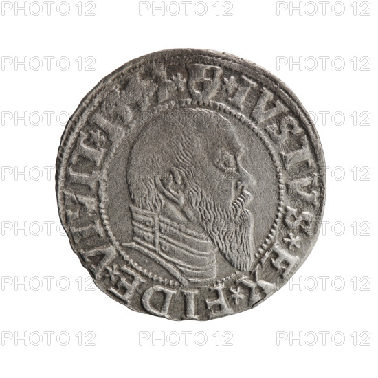 grosz; Schilling, Maciej, publisher; Decjusz, Jost Ludwik (fl. 1528-1535); R0 (rarity). Obverse: Prussian eagle with on its chest a crowned letter S. On the rim between the pearl borders an inscription beginning with a trefoil (letter N in mirror image) ALBER*D*G, MAR*BRAN*DVX*PRVSS. Reverse: male bust in armour in profile turned right; short hair, long beard with sideburns, dividing the inner rim. In the rim, between the pearly borders, an inscription beginning with the Hohenzollern shield *IVSTVS*EX*FIDE*VIVIT*. Dated 1544. Albrecht Hohenzollern (Prince of Prussia; 1490–1568) — iconography and Hohenzollern coat of arms. Ducal Prussia (1525–1701), Königsberg. Coin: grosz; diameter 23.3 mm; weight 1.84 g; axis 280°.