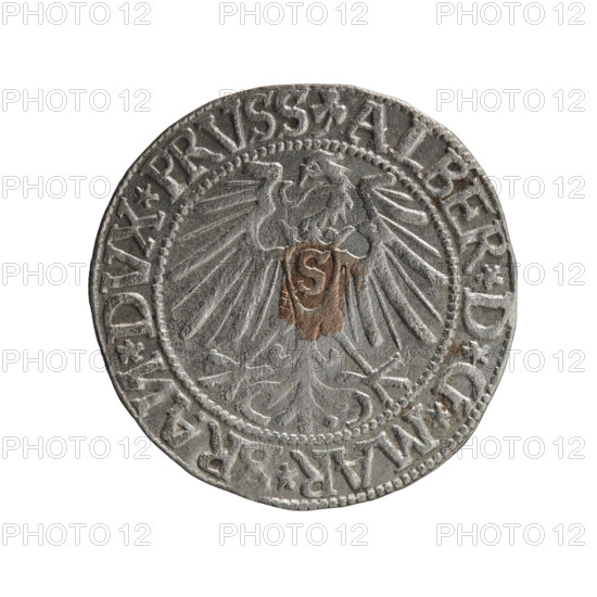 grosz; Schilling, Maciej, publisher; Decjusz, Jost Ludwik (fl. 1528–1535); R0 (rarity). Obverse: Prussian eagle, on its chest a crowned letter S; on the rim between the pearl borders an inscription beginning with a trefoil (mirror-image N) ALBER*D*G*MAR*, RAN*DVX*PRVSS. Reverse: male bust in armour in profile turned right; short hair, long pointed beard with sideburns; on the inner rim an inscription beginning with the Hohenzollern shield *IVSTVS*EX*FIDE*VIVIT*I544*; date 1544. Subject: Albrecht Hohenzollern (Prince of Prussia; 1490–1568). Duchy: Ducal Prussia (1525–1701), Königsberg. Coin: grosz/Schilling; diameter 23.2 mm; weight 1.88 g; axis 170°.
