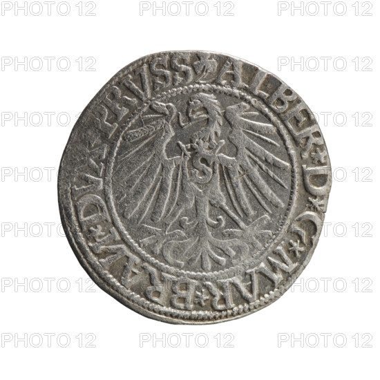 grosz; Schilling, Maciej, publisher; Decjusz, Jost Ludwik (fl. 1528–1535); R3 (rarity). Obverse: Prussian eagle, on its chest a crowned letter S. On the rim between the pearl borders an inscription beginning with a trefoil (letter N in mirror image) ALBER*D*G*MAR*BRAN*DV, RVSS Rv. Reverse: male bust in armour in profile turned right; short hair, long beard with sideburns. In the rim, between the pearly borders, an inscription beginning with the Hohenzollern shield *IVSTVS*E, IDE*VIVIT*I544*. Albrecht Hohenzollern (Prince of Prussia; 1490–1568) — iconography. 1544. Ducal Prussia (1525–1701), Königsberg. Coin: diameter 23.4 mm, weight 1.79 g, axis 315°.