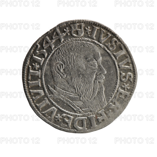 grosz; Schilling, Maciej, publisher; Decjusz, Jost Ludwik (fl. 1528–1535); R3 (rarity). Ducal Prussia (1525–1701), Königsberg, 1544. Coin (grosz): diameter 23.4 mm, weight 1.79 g, axis 315°. Obv.: Prussian eagle; on its chest a crowned letter S. Rim between pearl borders with inscription beginning with a trefoil (mirror-image N): ALBER*D*G*MAR*BRAN*DV, RVSS Rw. Rev.: male bust in armour in profile turned right; short hair, long beard with sideburns. In the rim, between the pearly borders, an inscription beginning with the Hohenzollern shield: *IVSTVS*E, IDE*VIVIT*I544*. Iconography: Albrecht Hohenzollern (Prince of Prussia; 1490–1568) — eagles; Hohenzollern (coat of arms); male busts in armor.