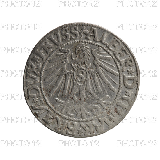 grosz; Schilling, Maciej, publisher; Decjusz, Jost Ludwik (fl. 1528–1535); R0 (rarity); eagles; Albrecht Hohenzollern (Prince of Prussia; 1490–1568) — iconography; Hohenzollern (coat of arms); male busts in armor. Obverse: Prussian eagle, on its chest a crowned letter S; on the rim between the pearl borders an inscription beginning with a trefoil (mirror-image N) ALBER*D*G, AR*BRAN*DVX*PRVSS. Reverse: male bust in armour in profile turned right; short hair, long pointed beard with sideburns, dividing the inner rim; in the rim, between the beaded rims, an inscription beginning with the Hohenzollern shield *IVSTVS*EX*FIDE*VIVIT* I544*. 1544. Ducal Prussia (1525–1701), Königsberg. Coin: diameter 23.6 mm, weight 1.92 g, axis 320°.