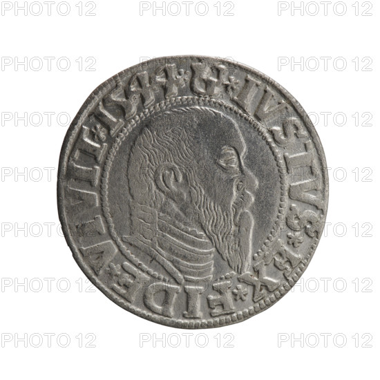 grosz; Schilling, Maciej, publisher; Decjusz, Jost Ludwik (fl. 1528–1535); R0 (rarity); eagles; Albrecht Hohenzollern (Prince of Prussia; 1490–1568) — iconography; Hohenzollern (coat of arms); male busts in armor. Obv.: Prussian eagle, on its chest a crowned letter S. On the rim between the pearl borders an inscription beginning with a trefoil (letter N in mirror image) ALBER*D*G, AR*BRAN*DVX*PRVSS. Rv.: Male bust in armour in profile turned right; short hair, long pointed beard with sideburns, dividing the inner rim. In the rim, between the beaded rims, an inscription beginning with the Hohenzollern shield *IVSTVS*EX*FIDE*VIVIT*I544*. Date: 1544. Place: Ducal Prussia (1525–1701), Königsberg. Coin: grosz; diameter 23.6 mm; weight 1.92 g; axis 320°.