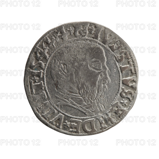 grosz; Schilling, Maciej, publisher; Decjusz, Jost Ludwik (fl. 1528–1535); R3 (rarity); Albrecht Hohenzollern (Prince of Prussia; 1490–1568) — iconography: eagles, Hohenzollern coat of arms, male busts in armor. Obverse: Prussian eagle with a crowned letter S on its chest; in the rim between pearl borders an erroneous inscription beginning with a trefoil (mirror-image N) ALBER*D*G*MAAR*BRAN*DVX*PRV. Reverse: male bust in armor in profile to the right; short hair, long beard with sideburns; dividing the inner rim; in the rim between pearl borders an inscription beginning with the Hohenzollern shield — erroneous legend. Date: 1544. Place: Ducal Prussia (1525–1701), Königsberg. Object: coin (grosz); diameter 23.4 mm; weight 1.88 g; axis 225°.