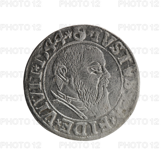 grosz; Schilling, Maciej, publisher; Decjusz, Jost Ludwik (fl. 1528-1535); R3 (rarity); eagles; Albrecht Hohenzollern (Prince of Prussia; 1490–1568) — iconography; Hohenzollern (coat of arms); male busts in armor. Obverse: Prussian eagle, on its chest a crowned letter S. On the rim between the pearl borders an inscription beginning with a trefoil (letter N in mirror image) ALBER*D*G, *BRAN*DVX*PRVSS. Reverse: Male bust in armour in profile turned right; short hair, long beard with sideburns, dividing the inner rim. In the rim, between the pearly borders, an inscription beginning with the Hohenzollern shield *IVSTV, *FIDE*VIVIT*I544*. Date: 1544. Place: Ducal Prussia (1525–1701), Königsberg. Coin: grosz; diameter 23.2 mm; weight 1.73 g; axis 45°.