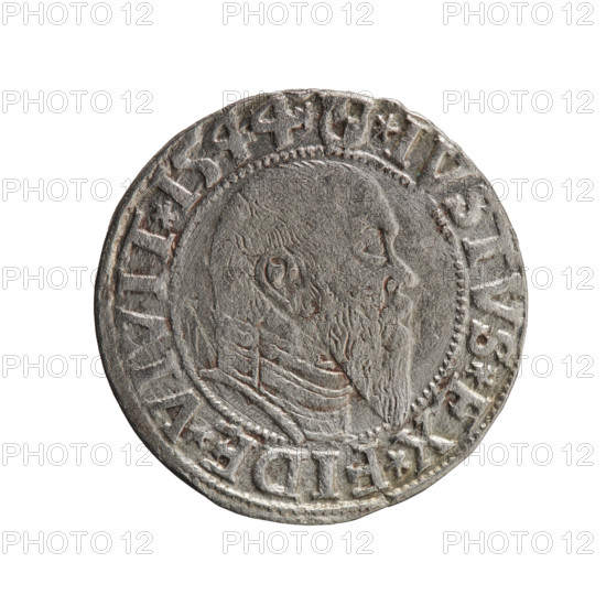 grosz; Schilling, Maciej, publisher; Decjusz, Jost Ludwik (fl. 1528–1535); R0 (rarity). Albrecht Hohenzollern (Prince of Prussia; 1490–1568) — iconography: eagles, Hohenzollern coat of arms, male busts in armor. Obverse: Prussian eagle, on its chest a crowned letter S; on the rim between the pearl borders an inscription beginning with a trefoil (letter N in mirror image), R*D*G*MAR*BRAN*DVX*PR. Reverse: male bust in armour in profile turned right; short hair, long pointed beard with sideburns; inner rim divided. In the rim, between the beaded rims, an inscription beginning with the Hohenzollern shield *IVSTVS*EX*FIDE*VIVIT*I544*. Date: 1544, Königsberg, Ducal Prussia (1525–1701). Coin: diameter 23.3 mm, weight 1.99 g, axis 320°.