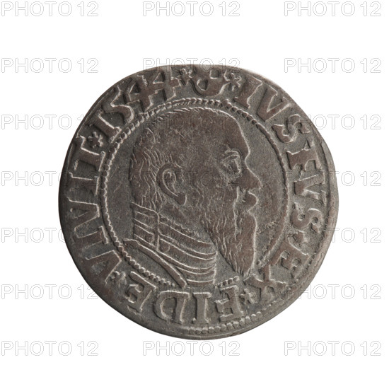 grosz; Schilling, Maciej, publisher; Decjusz, Jost Ludwik (fl. 1528–1535); R0 (rarity); Albrecht Hohenzollern (Prince of Prussia; 1490–1568) — iconography: eagles, Hohenzollern (coat of arms), male busts in armor. Obv.: Prussian eagle, on its chest a crowned letter S; on the rim between the pearl borders an inscription beginning with a trefoil (letter N in mirror image) ALBER*D*G*MAR*BRAN*DVX*PRVSS. Rev.: male bust in armour in profile turned right; short hair, long pointed beard with sideburns; in the rim, between the beaded borders, an inscription beginning with the Hohenzollern shield *IVSTVS*EX*FIDE*VIVIT*I544*. 1544, Königsberg, Ducal Prussia (1525–1701). Coin: diameter 23.2 mm, weight 1.87 g, axis 60°.
