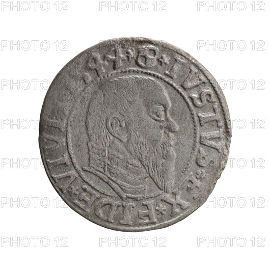 grosz; Schilling, Maciej, publisher; Decjusz, Jost Ludwik (fl. 1528–1535); R0 (rarity). Albrecht Hohenzollern (Prince of Prussia; 1490–1568) — iconography: eagles, Hohenzollern (coat of arms), male busts in armor. Obverse: Prussian eagle, on its chest a crowned letter S; in the rim between the pearl borders an inscription beginning with a trefoil (letter N in mirror image) ALBER*D*G*MA, AN*DVX*PRVS. Reverse: Male bust in armour in profile turned right; short hair, long pointed beard with sideburns, dividing the inner rim; in the rim, between the beaded borders, an inscription beginning with the Hohenzollern shield *IVSTVS*EX*FIDE*VIVI. 1544, Königsberg, Ducal Prussia (1525–1701). Coin: diameter 23.2 mm, weight 1.75 g, axis 225°.