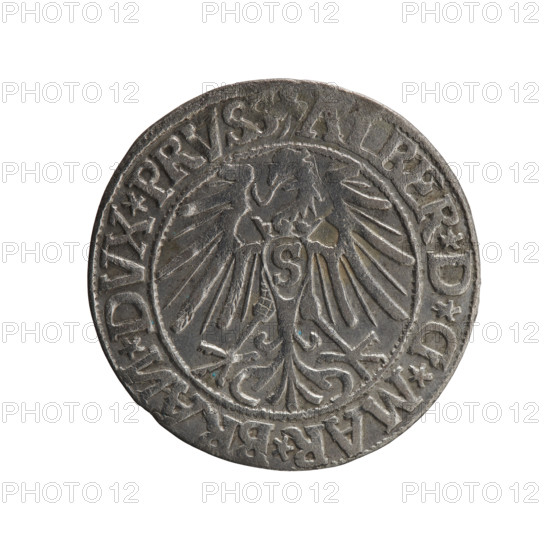 grosz, Decius, Jost Ludwik (fl. 1528-1535), Schilling, Maciej, publisher, R0 (rarity), eagles, Albrecht Hohenzollern (Prince of Prussia; 1490-1568) - iconography, Hohenzollern (coat of arms), male busts in armor, Obv. Prussian eagle, on its chest a crowned letter S. On the rim between the pearl borders an inscription beginning with a trefoil (letter N in mirror image) ALBER*D*G*MAR*BRAN*DVX*PRVSS Rw. Male bust in armour in profile turned right; short hair, long, pointed beard with sideburns, dividing the inner rim. In the rim, between the beaded borders, an inscription beginning with the Hohenzollern shield *IVSTVS*EX*FIDE*VIVIT* I544*, 1544, Königsberg, Ducal Prussia (1525-1701), coin, diameter 23.1 mm, weight 2.01 g, axis 30 degrees.