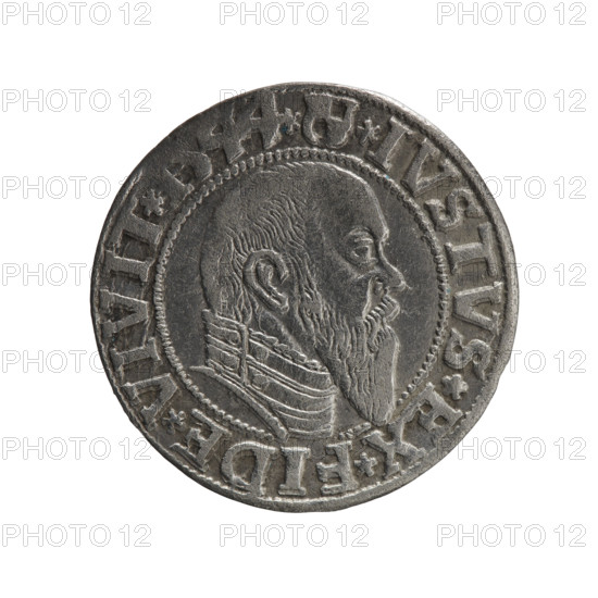 Decius Grosz; Jost Ludwik (fl. 1528–1535); publisher Maciej Schilling. Silver coin (R0 rarity), 1544, Königsberg, Ducal Prussia. Diameter 23.1 mm, weight 2.01 g, axis 30°. Obverse: Prussian eagle; on its chest a crowned letter S. On the rim between beaded borders an inscription beginning with a trefoil (mirror-image N): ALBER*D*G*MAR*BRAN*DVX*PRVSS. Reverse: Male bust in armour in profile right; short hair, long pointed beard with sideburns; in the rim between beaded borders an inscription beginning with the Hohenzollern shield: *IVSTVS*EX*FIDE*VIVIT*I544*. Iconography: Albrecht Hohenzollern (Prince of Prussia; 1490–1568); Hohenzollern coat of arms; male busts in armor.