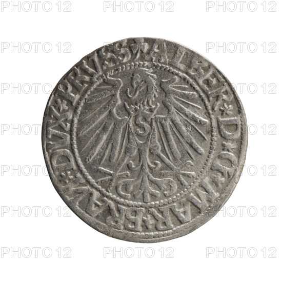 grosz; Schilling, Maciej, publisher; Decjusz, Jost Ludwik (fl. 1528–1535); R0 (rarity). Albrecht Hohenzollern (Prince of Prussia; 1490–1568) — iconography: eagles, Hohenzollern (coat of arms), male busts in armor. Obv.: Prussian eagle, on its chest a crowned letter S; on the rim between pearl borders an inscription beginning with a trefoil (mirror-image N) ALBER*D*G*MAR*BRAN*DVX*PRVSS. Rev.: male bust in armour in profile right; short hair, long pointed beard with sideburns; in the rim between beaded rims an inscription beginning with the Hohenzollern shield *IVSTVS*EX*FIDE*VIVIT*I544*; date 1544. Duchy of Prussia (1525–1701), Königsberg. Coin: diameter 23.5 mm, weight 1.93 g, axis 340°.