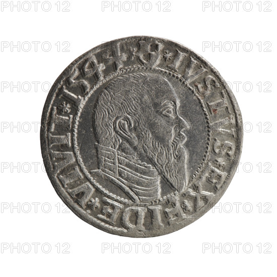 grosz; Schilling, Maciej, publisher; Decjusz, Jost Ludwik (fl. 1528–1535); R0 (rarity). Albrecht Hohenzollern (Prince of Prussia; 1490–1568) — iconography: eagles, Hohenzollern (coat of arms), male busts in armor. Obv.: Prussian eagle, on its chest a crowned letter S. On the rim between the pearl borders an inscription beginning with a trefoil (mirror-image N) ALBER*D*G*MAR*BRAN*DVX*PRVSS. Rev.: Male bust in armour in profile turned right; short hair, long pointed beard with sideburns, dividing the inner rim. In the rim, between the beaded rims, an inscription beginning with the Hohenzollern shield *IVSTVS*EX*FIDE*VIVIT*I544*. 1544. Ducal Prussia (1525–1701), Königsberg. Coin: diameter 23.5 mm, weight 1.93 g, axis 340°.