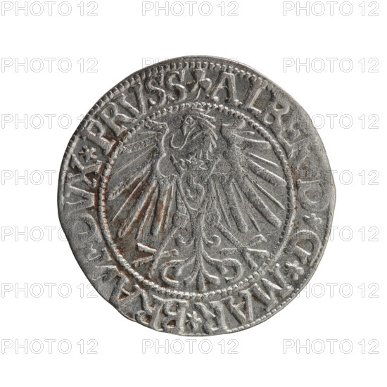grosz, Schilling, Maciej, publisher, Decjusz, Jost Ludwik (fl. 1528-1535), R0 (rarity), Albrecht Hohenzollern (Prince of Prussia; 1490-1568) - iconography, eagles, Hohenzollern (coat of arms), male busts in armor. Obv.: Prussian eagle, on its chest a crowned letter S. On the rim between the pearl borders an inscription beginning with a trefoil (letter N in mirror image) ALBER*D*G*MAR*BRAN*DVX*PRVSS. Rev.: Male bust in armour in profile turned right; short hair, long pointed beard with sideburns, dividing the inner rim. In the rim, between the beaded rims, an inscription beginning with the Hohenzollern shield *IVSTVS*EX*FIDE*VIVIT*I544*. 1544. Ducal Prussia (1525-1701), Königsberg. Coin: diameter 23.2 mm, weight 1.94 g, axis 200 degrees.