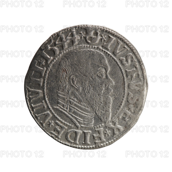 grosz; publisher: Schilling, Maciej; engraver: Decjusz, Jost Ludwik (fl. 1528–1535); R0 (rarity). Subject: Albrecht Hohenzollern (Prince of Prussia; 1490–1568). Iconography: Prussian eagle on obverse, on its chest a crowned letter S; rim between pearl borders bears an inscription beginning with a trefoil (mirror-image N) 'ALBER*D*G*MAR*BRAN*DVX*PRVSS'. Reverse: male bust in armour in profile turned right; short hair, long pointed beard with sideburns; inner rim divided by the bust; rim between beaded rims bears inscription beginning with the Hohenzollern shield '*IVSTVS*EX*FIDE*VIVIT*I544*'. Date: 1544. Place: Ducal Prussia, Königsberg. Object: coin (grosz). Measurements: diameter 23.2 mm; weight 1.94 g; axis 200°.