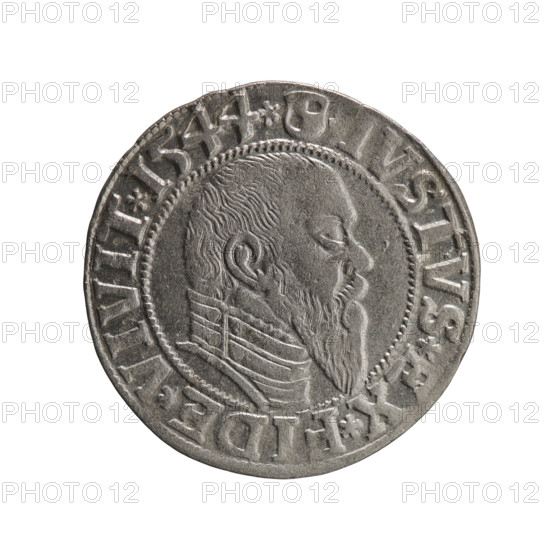 grosz; Schilling, Maciej, publisher; Decjusz, Jost Ludwik (fl. 1528–1535); R0 (rarity). Albrecht Hohenzollern (Prince of Prussia; 1490–1568) — iconography: eagles, Hohenzollern (coat of arms), male busts in armor. Obverse: Prussian eagle, on its chest a crowned letter S; on the rim between pearly borders an inscription beginning with a trefoil (mirror-image letter N) ALBER*D*G*MAR*BRAN*DVX*PRVSS. Reverse: male bust in armour in profile turned to the right; short hair, long pointed beard with sideburns; dividing the inner rim. In the rim, between pearly borders, an inscription beginning with the Hohenzollern shield IVSTVS*EX*FIDE*VIVIT*I544*. Date: 1544. Issue: Ducal Prussia (1525–1701), Königsberg. Coin: diameter 23.2 mm, weight 1.91 g, axis 45°.