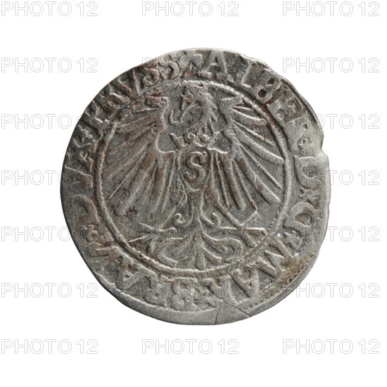 grosz, Decius, Jost Ludwik (fl. 1528-1535), Schilling, Maciej, publisher, R0 (rarity), Albrecht Hohenzollern (Prince of Prussia; 1490-1568) - iconography, eagles, Hohenzollern (coat of arms), male busts in armor, Obv. Prussian eagle, on its chest a crowned letter S. On the rim between the pearl borders an inscription beginning with a trefoil (letter N in mirror image) ALBER, D, *MA, BRAN*DVX*PRVSS Rw. Male bust in armour in profile turned right; short hair, long, pointed beard with sideburns, dividing the inner rim. In the rim, between the beaded rims, an inscription beginning with the Hohenzollern shield *IVSTVS*EX*FID, *VIV, 44*, 1544, Ducal Prussia (1525-1701), Königsberg, coin, coin: diameter 23.0 mm, weight 1.84 g, axis 0 deg.